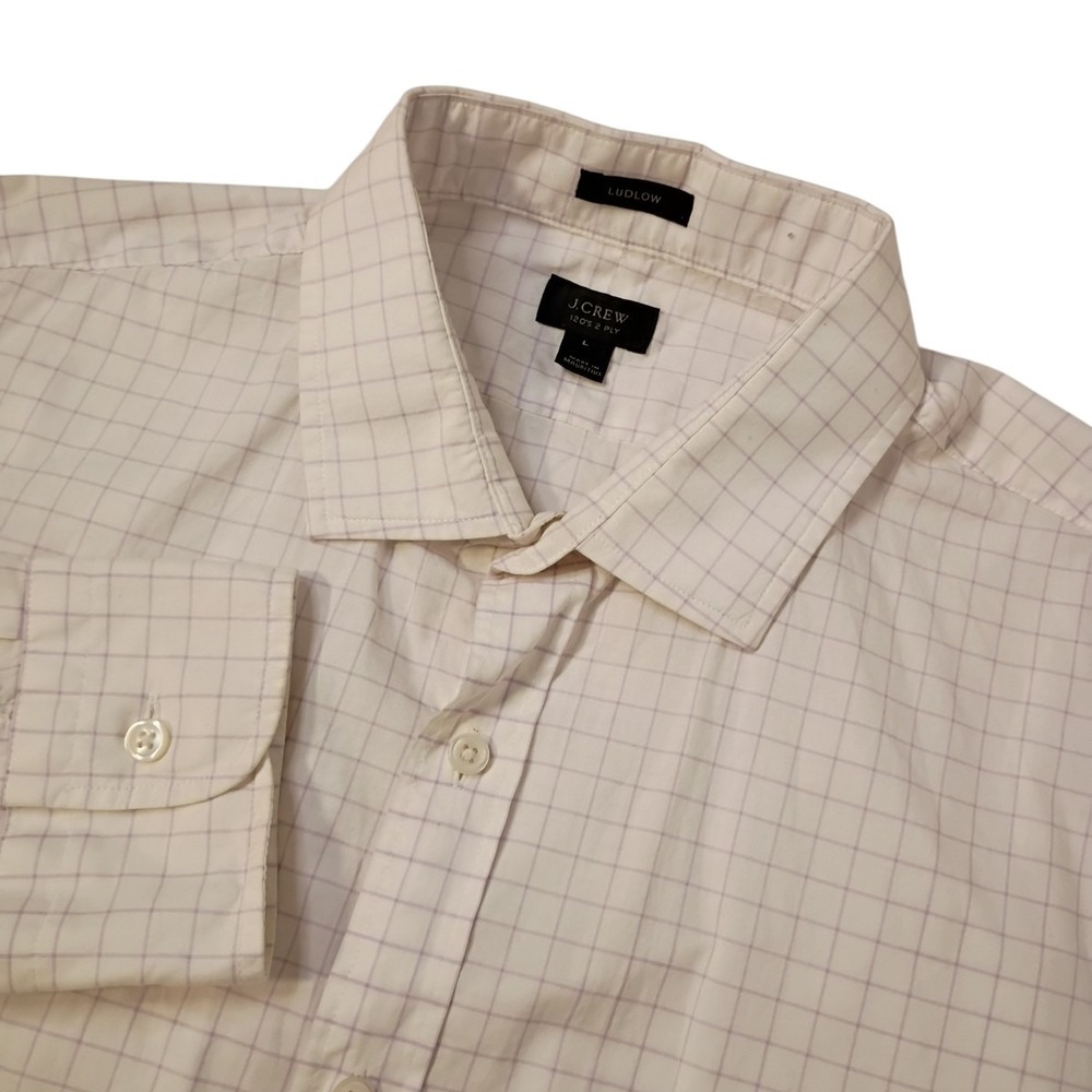J. Crew Ludlow Shirt Mens Large White Purple Windowpane Plaid 120's 2 Ply Cotton